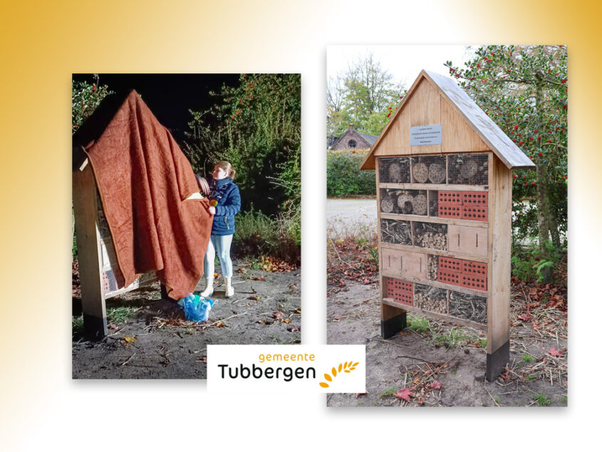 Onthulling insectenhotel door kinderburgemeester Annemijn Snijders en Jong Nederland Tubbergen